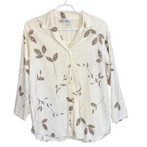 Mill Valley Button Down Womens L White Linen Leaf Print Collar USA